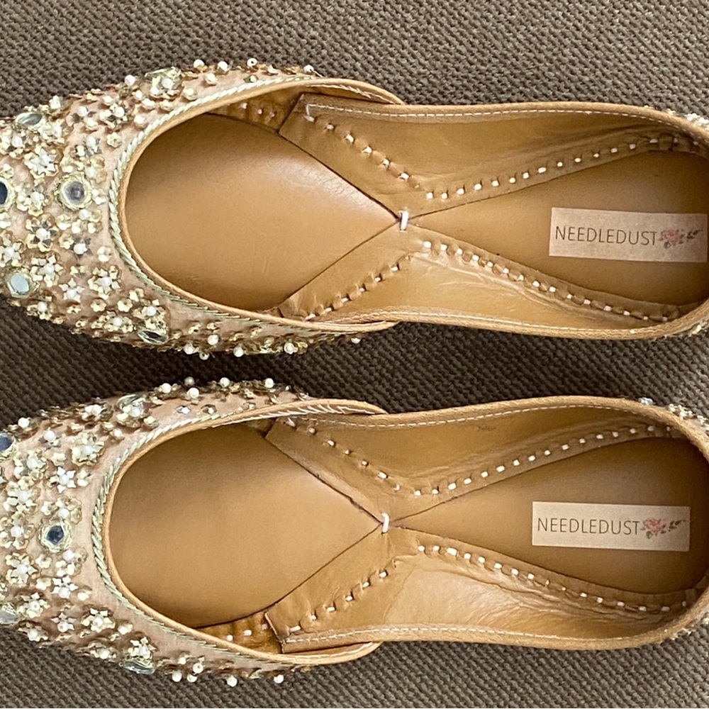 Tan Flats with Intricate Embellishments and Slip-On Design